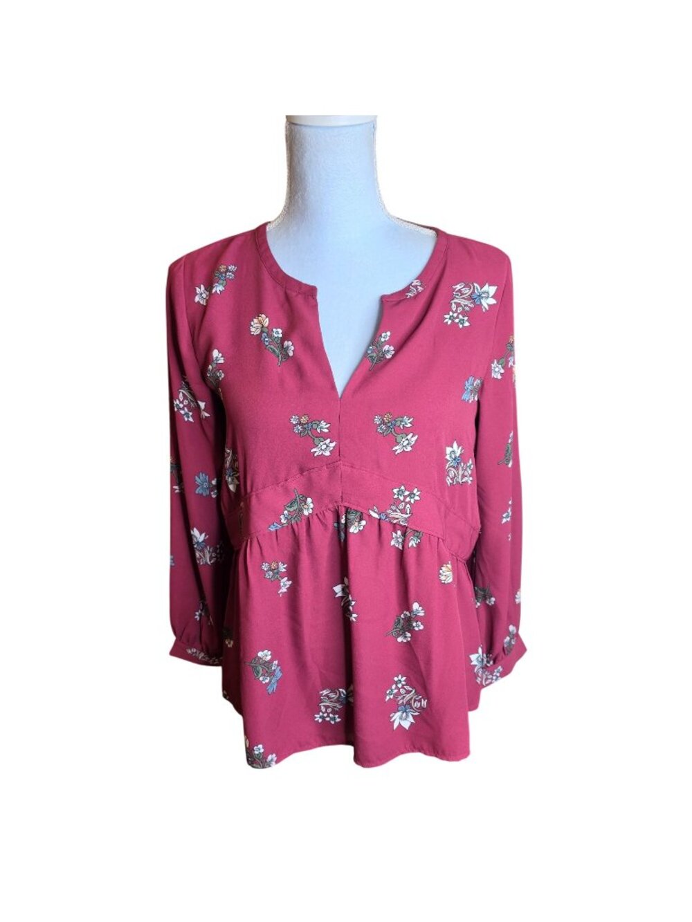 LOFT Raspberry Pink Floral Split Neck Peplum Babydoll Top Cottagecore M